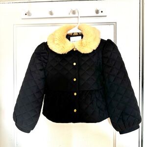 Janie and Jack Quilted Black Puffer with Cream Faux Fur Collar